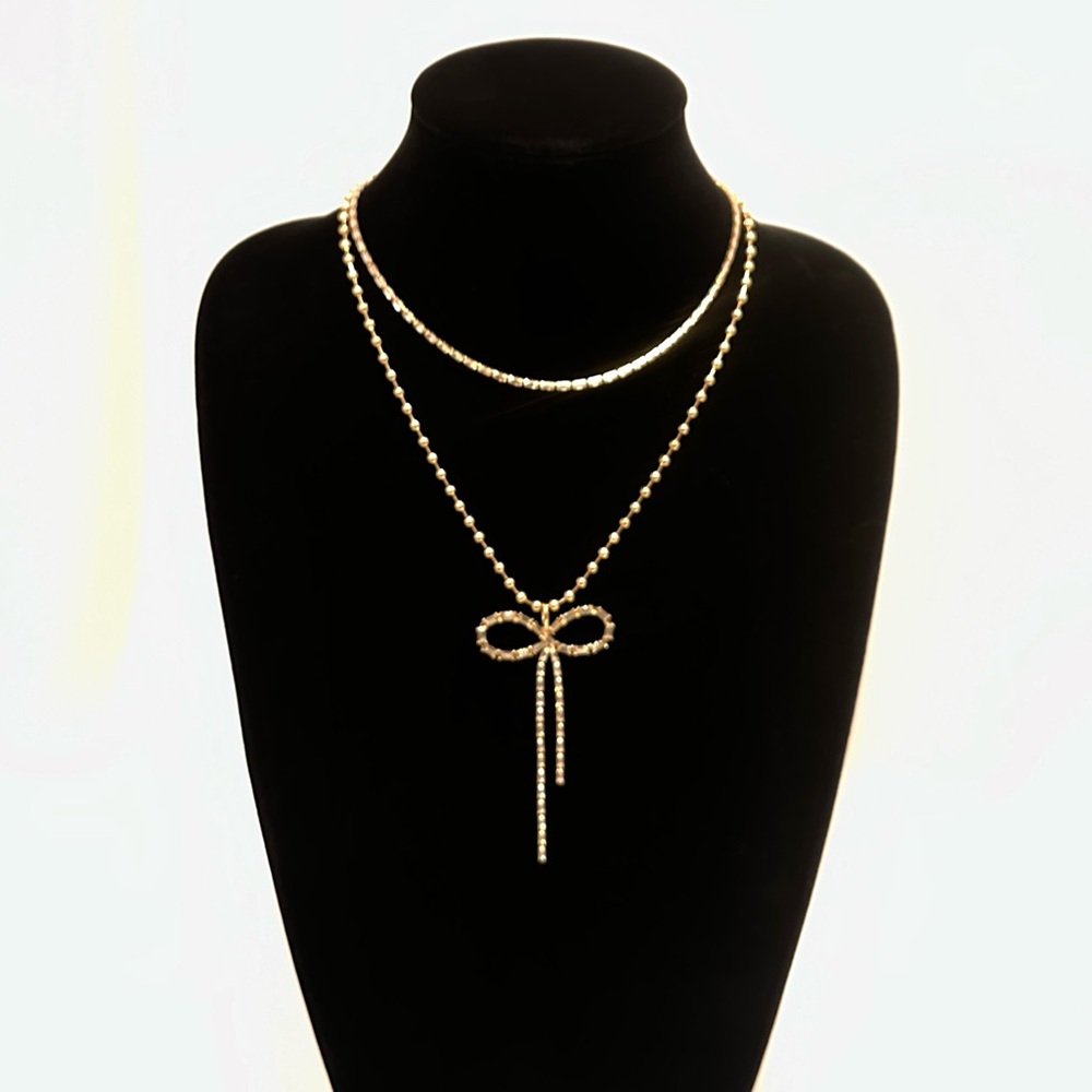 EXPRESS Gold & Baguette Rhinestone/Crystal Bow Layered Necklace NWT - Picture 9 of 14